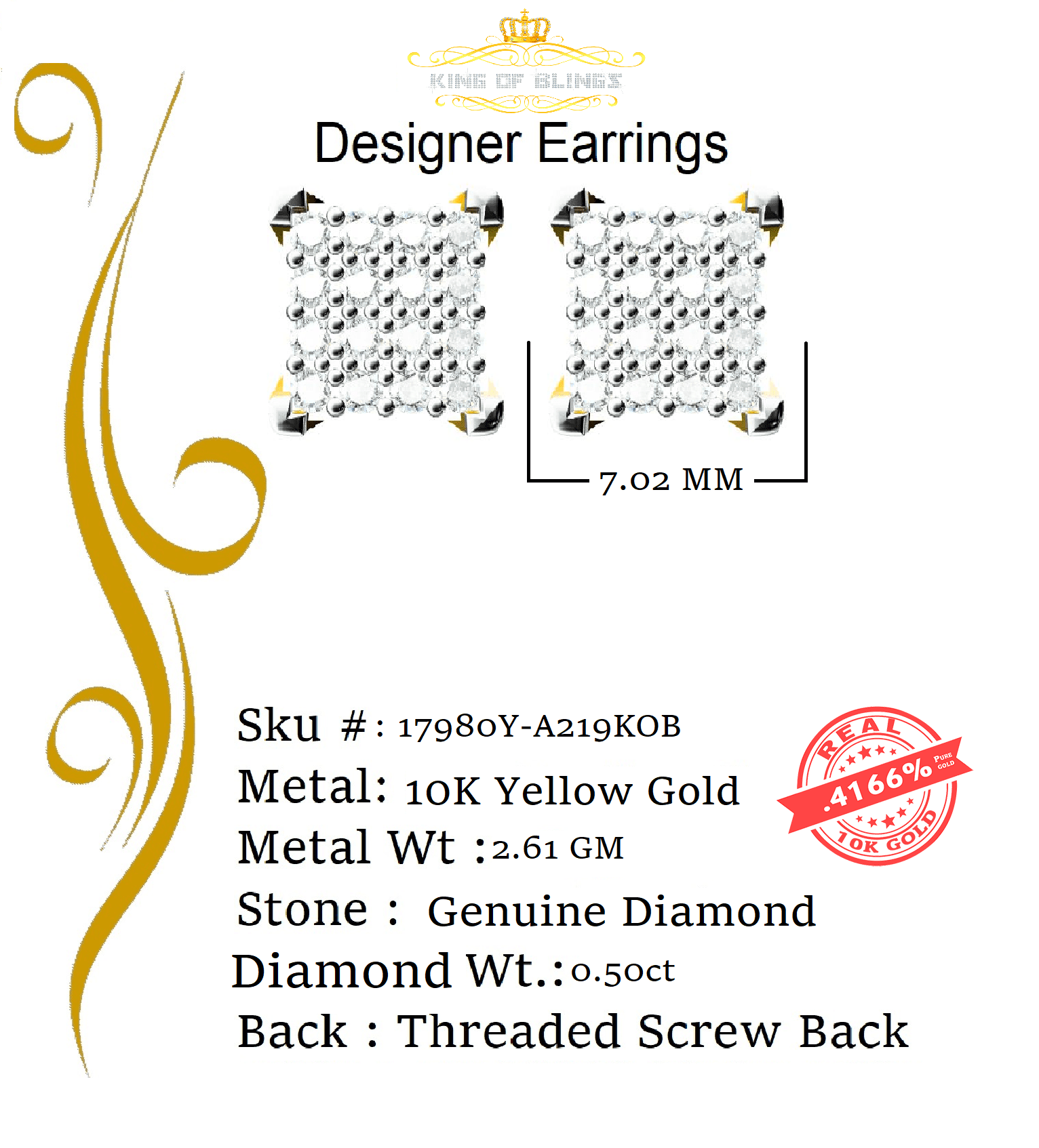 King of Bling's 10K Real Yellow Gold with 0.50 CT Diamond Square Stud Earring For Women And Men