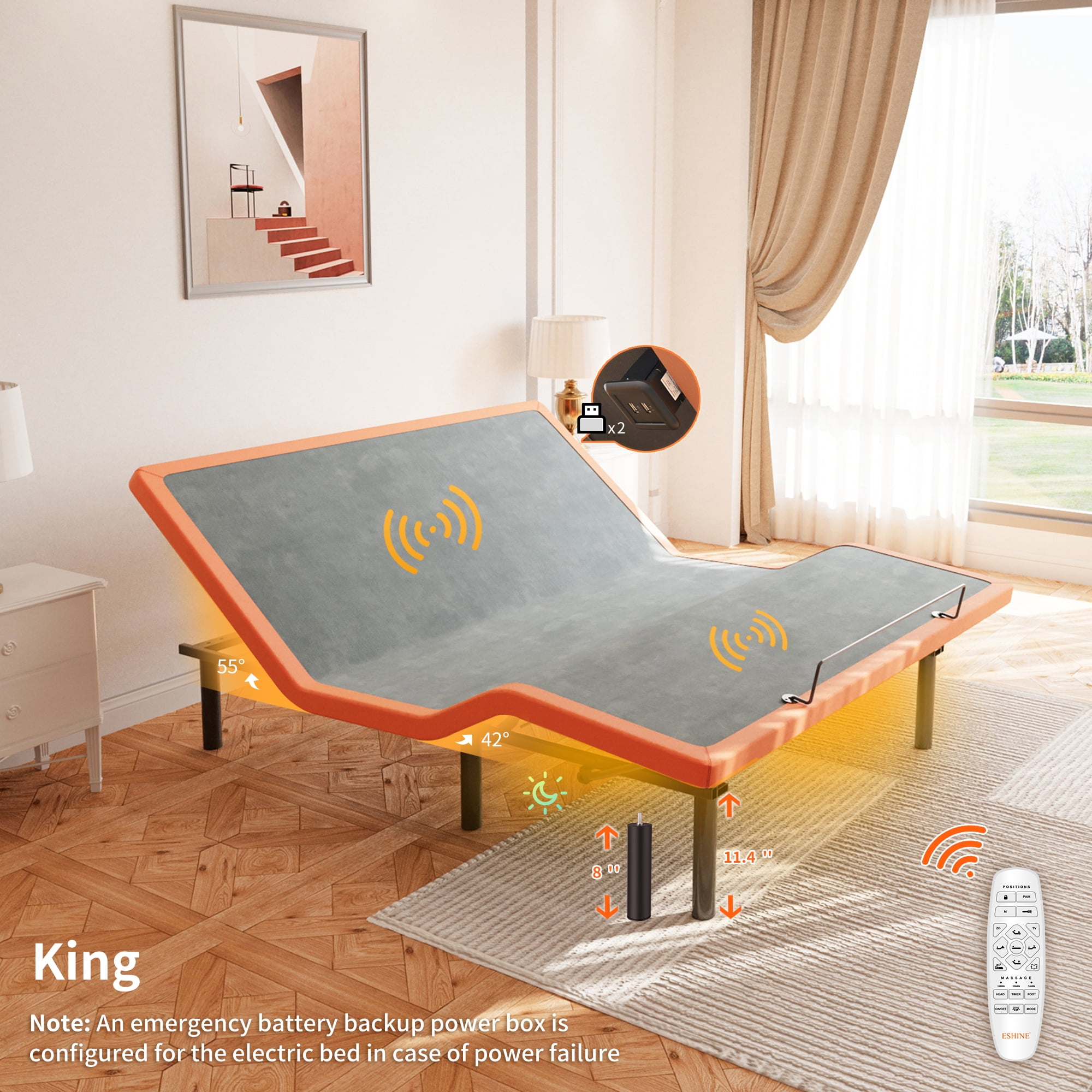 ESHINE King Adjustable Bed Frame, with Massage, Wireless Remote, USB
