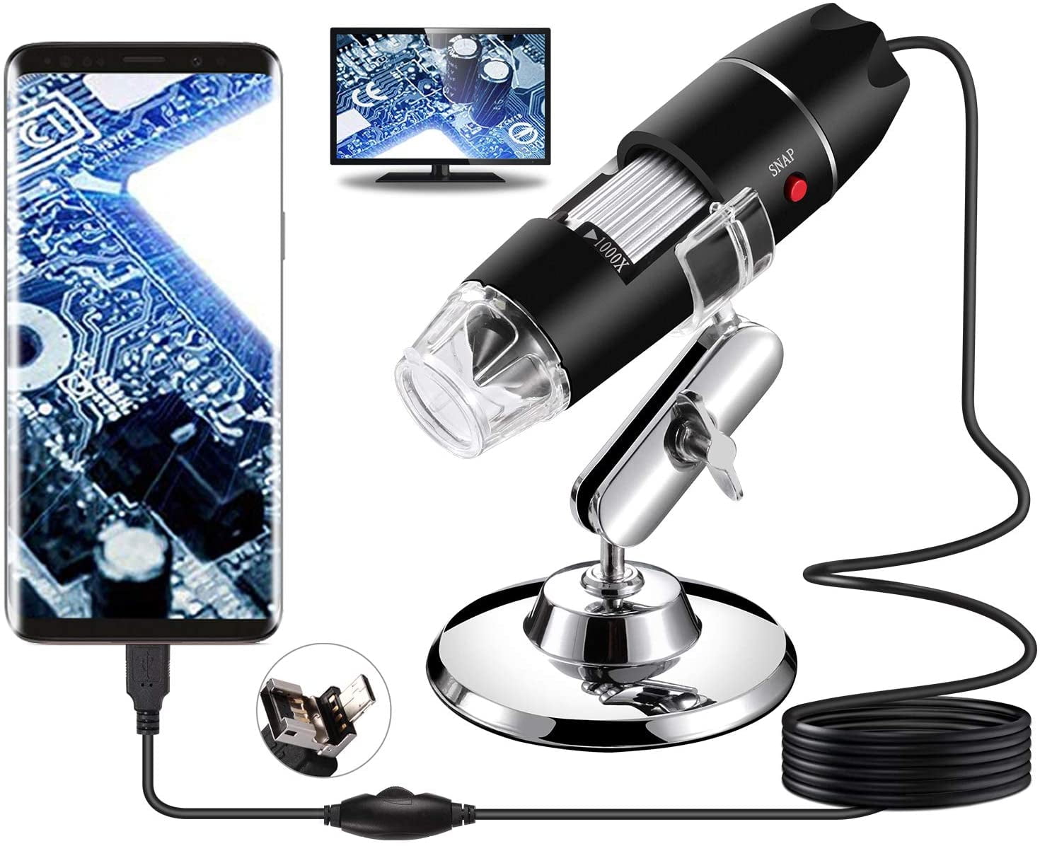 8 LED Magnification Endoscope Camera with Plastic Stand & Carrying Case Compatible for Android Windows 7 8 10 Mac Kids Adults Mini Microscope Gadgets 50X to 1000X Black USB Digital Microscope 