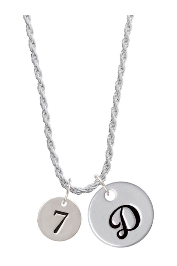 Silvertone Disc 1/2'' Number - 7 - Silvertone Script Initial Disc - D - Charm Necklace, 20"+3"