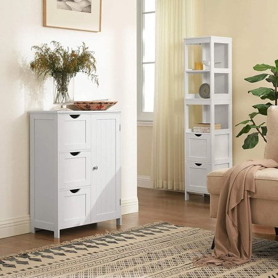 Floor Storage Cabinet, Freestanding Storage Unit with 3 Drawers, 1 Adjustable Shelf, White