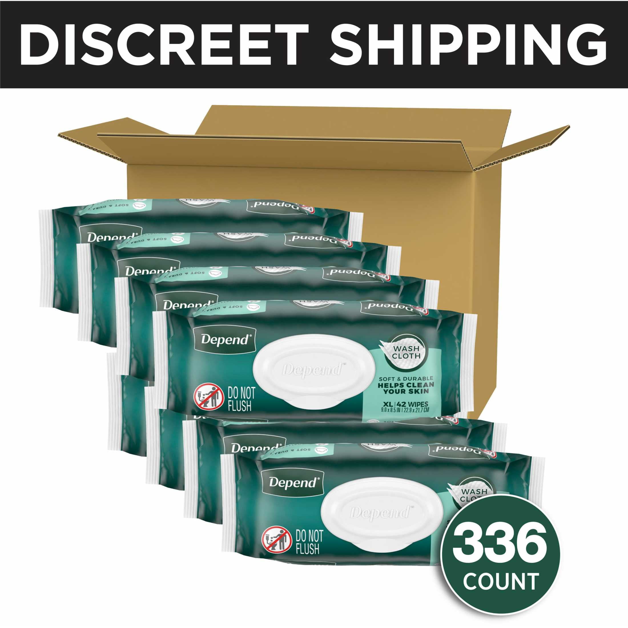 Depend XL Disposable Washcloths for Adults, 8 Flip-Top Packs, 42 Wipes Per Pack (336 Wipes Total)