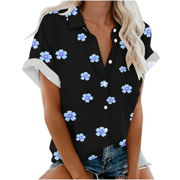 Lolmot Womens Shirts Floral Print V Neck Short Sleeve Pullover Pocket  Blouse Button Down Fashion Holiday T-Shirts Plus Size Tops 
