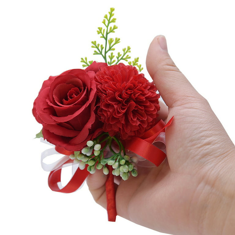 Sherr Set of 12 Red Rose Wrist Corsages for Wedding Wine Red Corsage Flower  Wristlet Floral Wedding Wrist Flower Bridal Rose Leaf Hand Flowers for