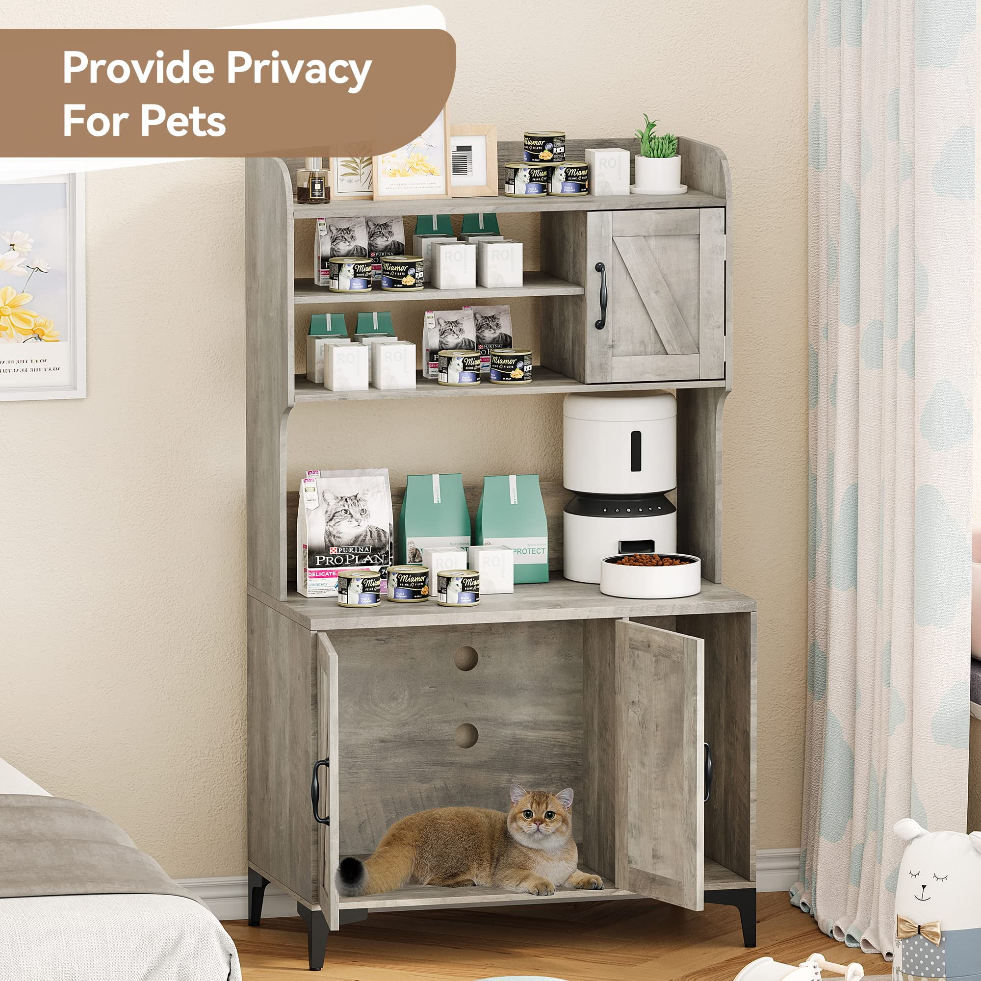 TROPOW Cat Litter Box Furniture,Hidden Cat Box Enclosure with Shelf Storage,Cat Litter Box Enclosure, Wood Sturdy Cat Washroom Storage, Indoor Cat House Furniture,Gray
