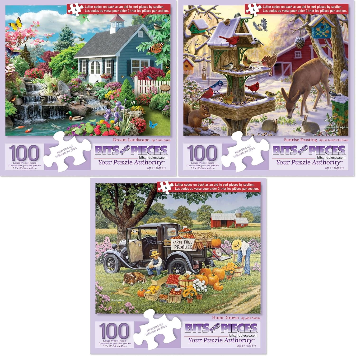 Bits and Pieces Set Of 3 100 Piece Jigsaw Puzzle Dream Landscape Home Grown Sunrise Feasting 15"x19"