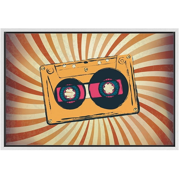 IDEA4WALL Framed Canvas Art Wall Decor Vintage Orange Cassette Tape in Red and Yellow Stripe Background Music Media Illustrations Pop Art Modern for Dorm Home Office - 24"x36"
