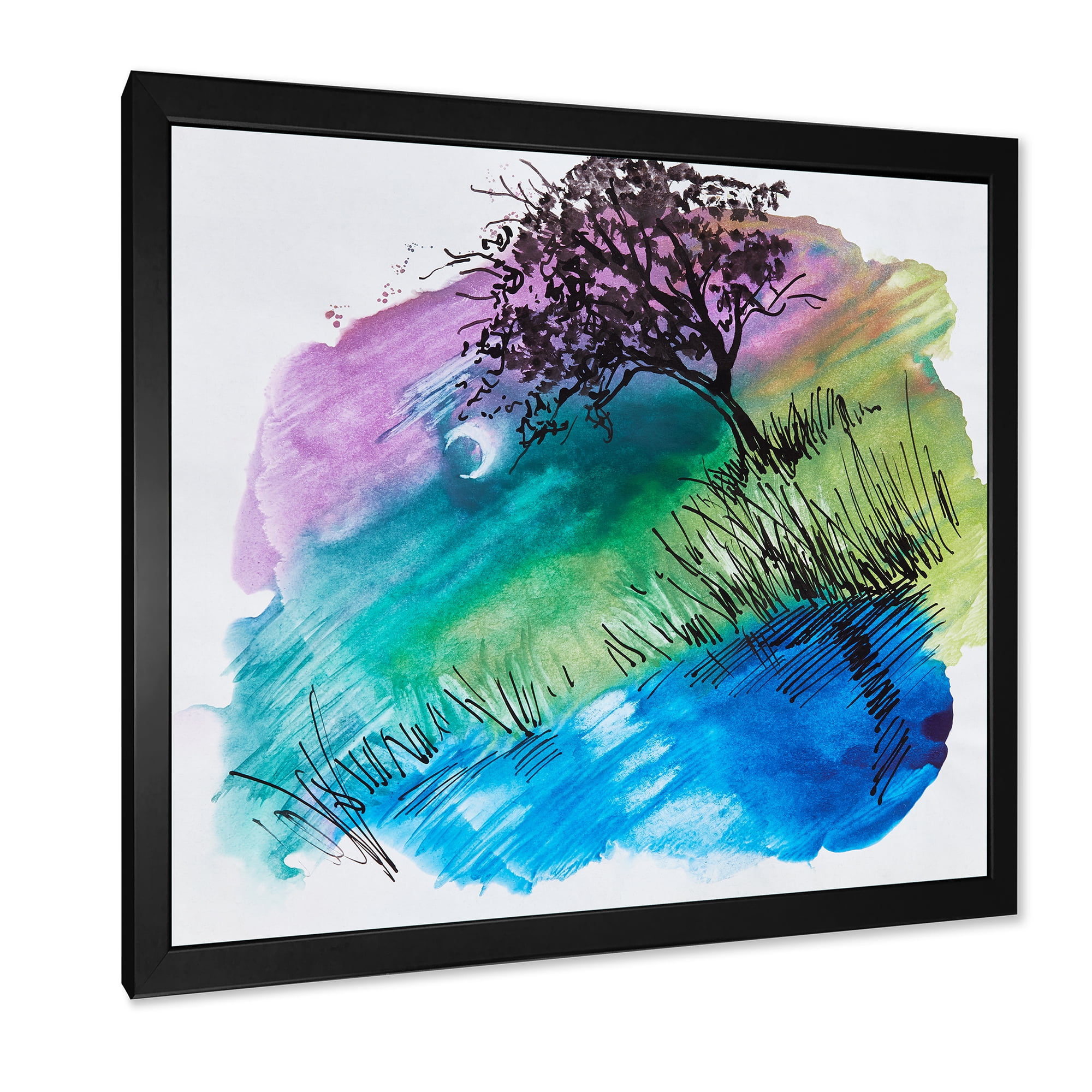 Designart 'Rainbow Silhouette Of Tree On The Riverbank At Night' Modern Framed Art Print