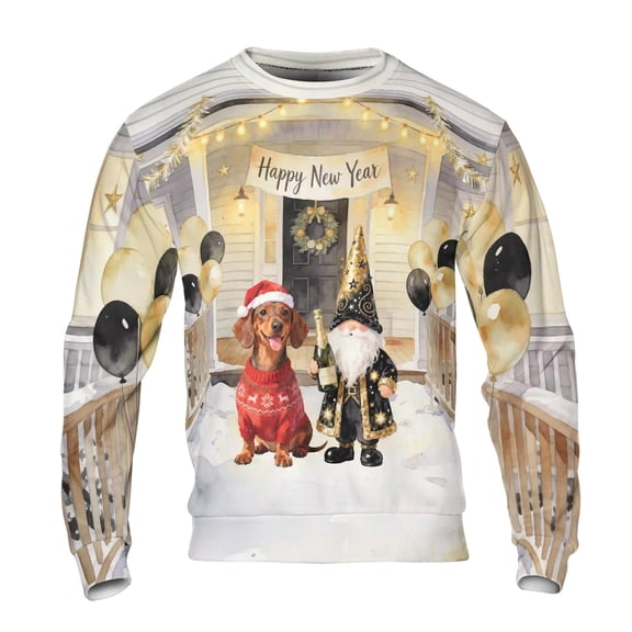 Happy New Year 2026 Dachshund Santa Gnome Holiday Party Snow All Over Print 3D Sweatshirt Unisex Merch Wiener Dog Lover Gifts Idea - 13019