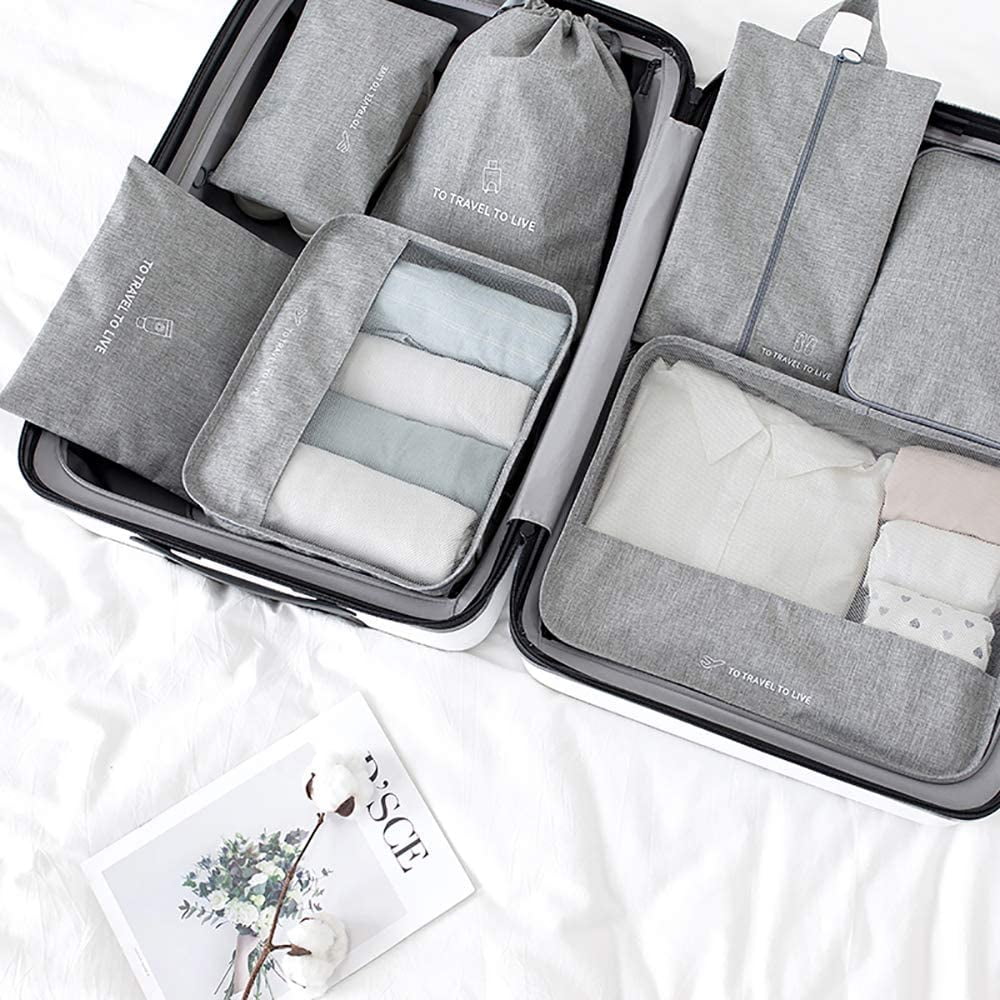 Gray CLISPEED Travel Packing Organizers Set Packing Cubes Luggage Storage Bags Toiletry Bag with Travel Bottles 