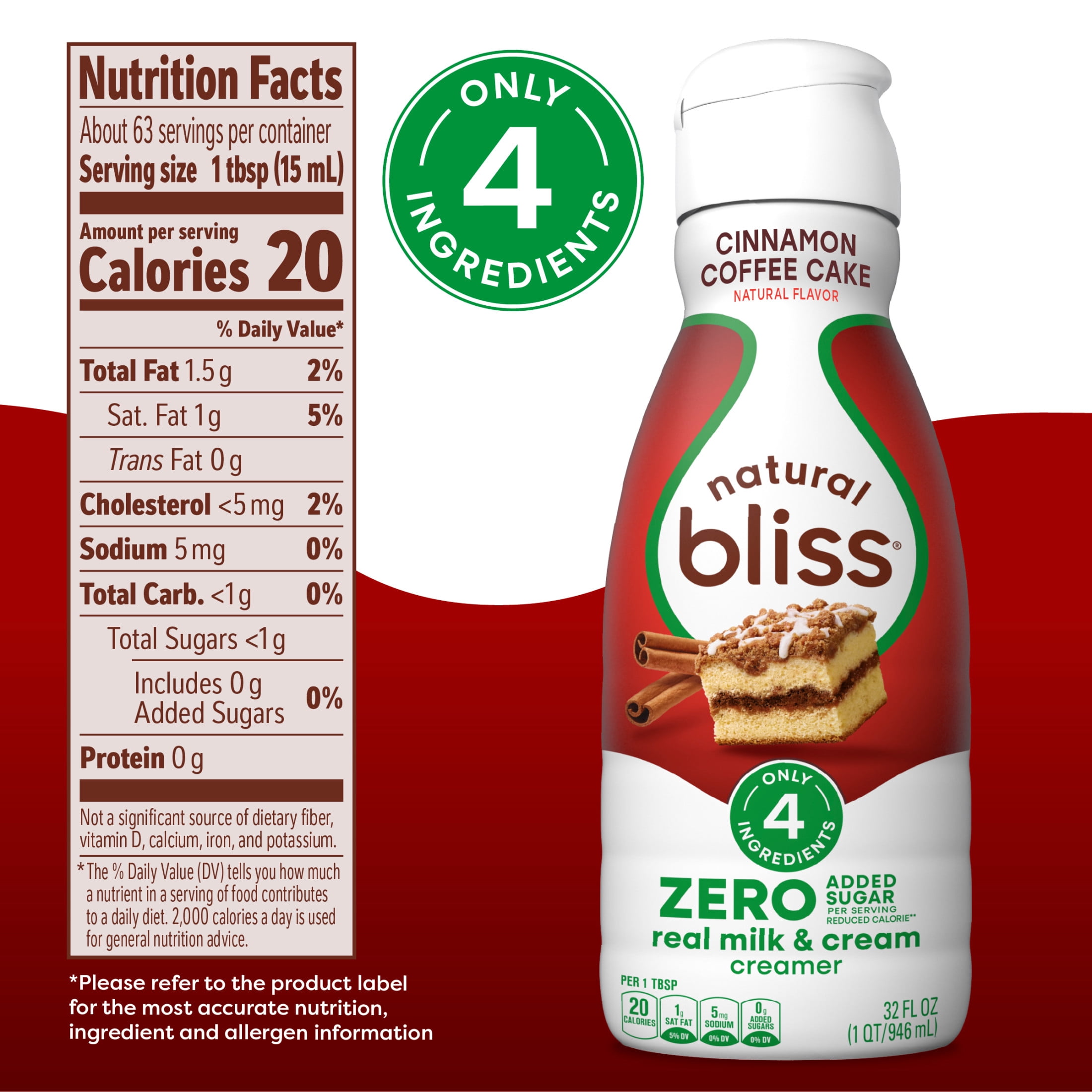 Coffee mate Natural Bliss, Sugar Free, Cinnamon Coffee Cake, Dairy, Refrigerated Creamer, 32 fl oz Bottle
