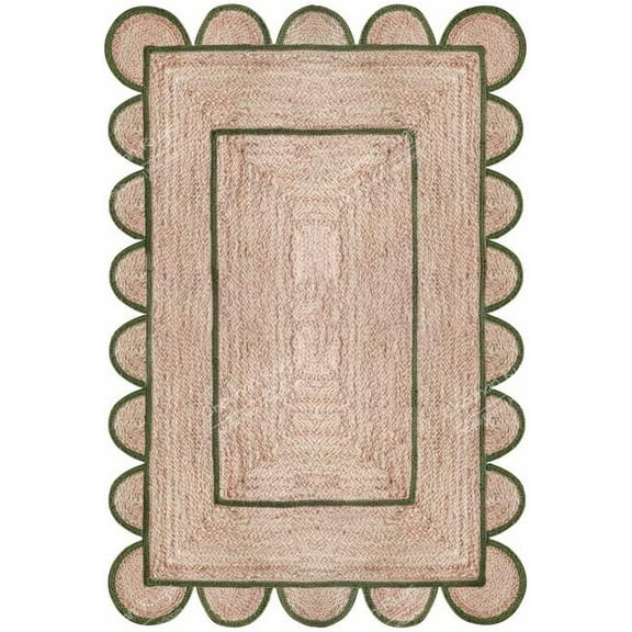 Area Rug Natural Jute Hand Braided Rug Green Scalloped Runner