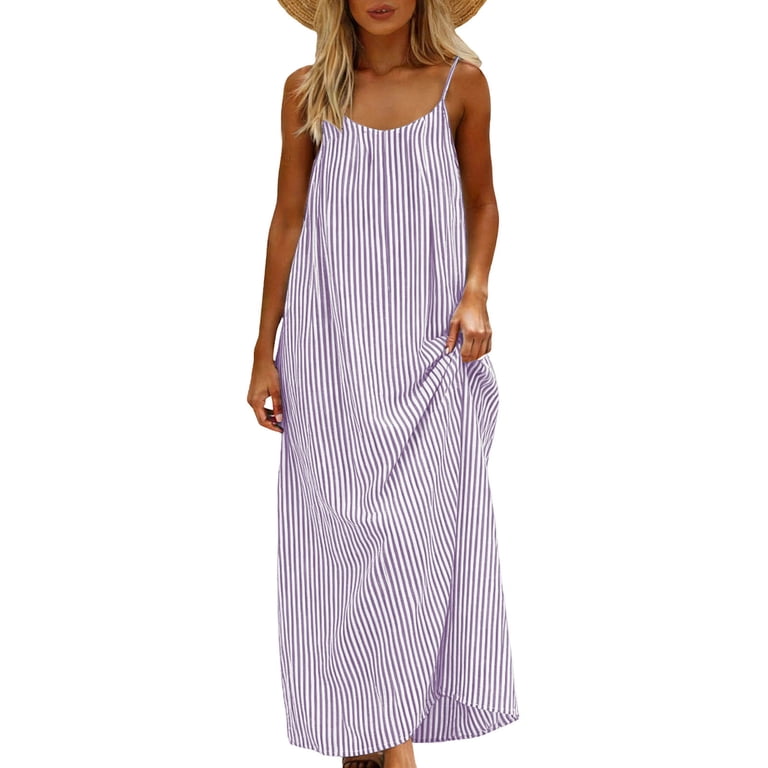 ladies striped dress Royisotas Linen-like for Women Spaghetti strap Backless Summer Casual Beach Sleeveless Maxi Dress, Women's, Size: XL, Purple Maxi dresses Vertical stripes enhance this breezy sleeveless maxi designed with a shaping smocked waist and a flouncy tiered skirt. Lisette Sleeveless Striped Dress FINAL