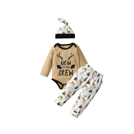 

Canrulo XMAS Kids Baby Girls Boys Outfits Long Sleeve Deer Romper Printing Pants Hat Light Khaki 0-3 Months