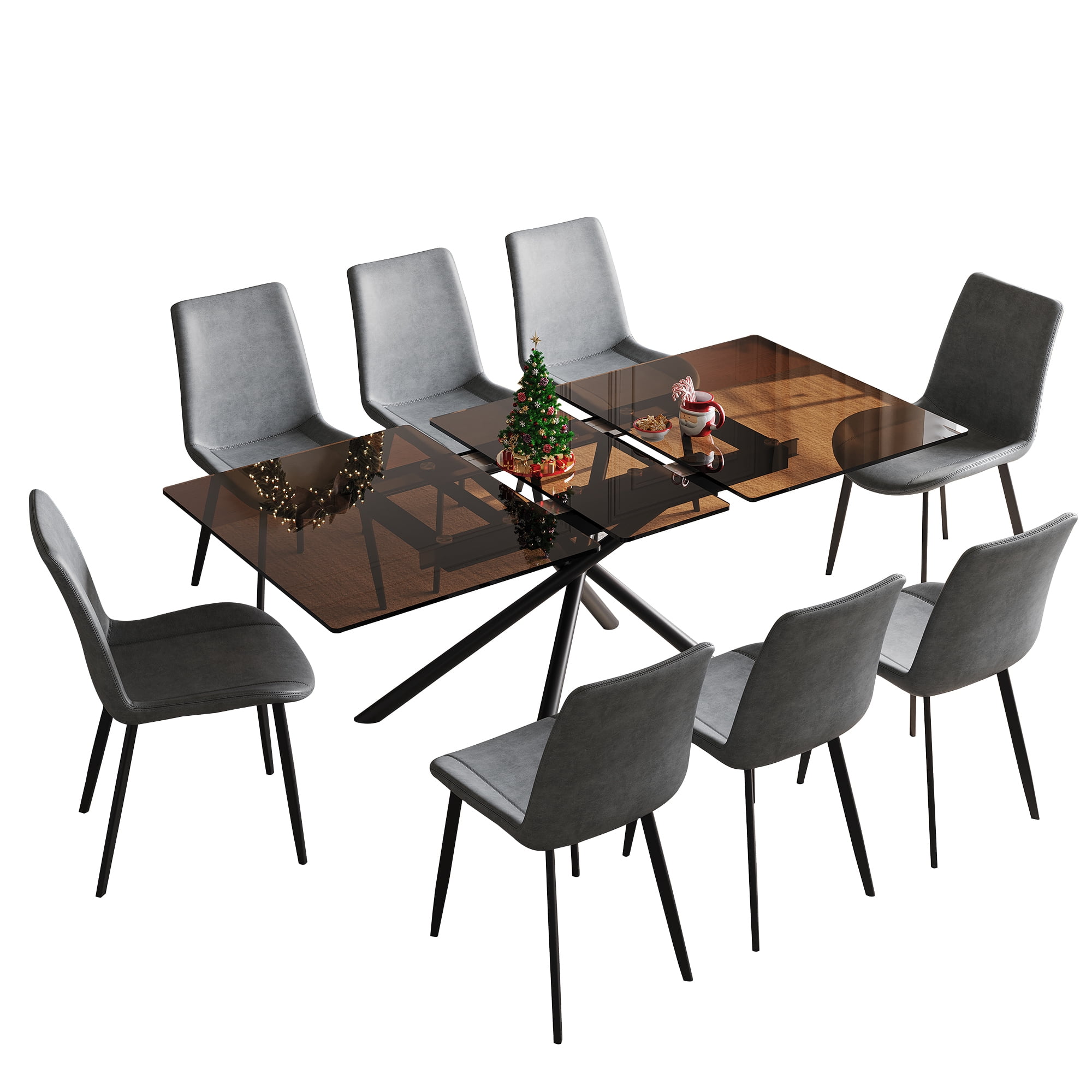 Montary 59-inch Expandable Dining Table Set with 8 Gray Ergonomic Chairs, Black Sandblasted Glass Top & X-Base, 4-8 Seater Modern Dining Set for Small Spaces, Kitchen and Apartment
