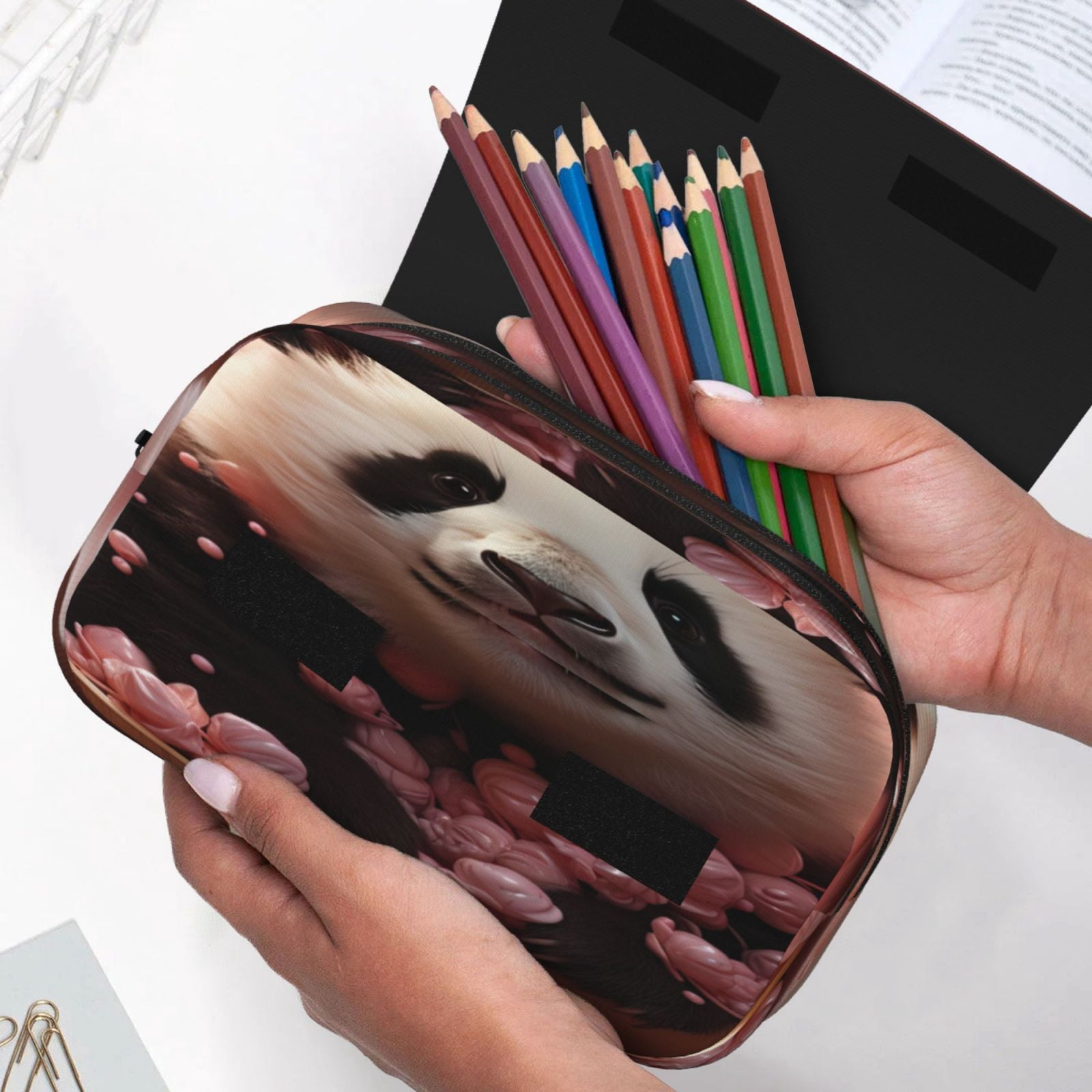 Rateoe Cute Cloud Panda Pattern Double Clamshell Pen Case, Storage Organizer with Two Zipper Compartments– Holds Up to 50 Pencils & Pens