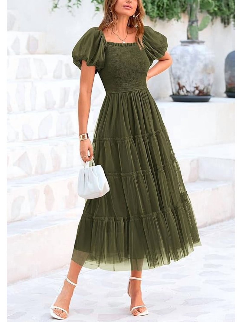 Prettygarden Women's Smocked Tulle Midi Dress Summer Square Neck Puffy Short Sleeve Ruffle Wedding Guest Party Dresses, Size: Large, Green