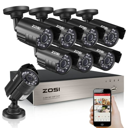 ZOSI HD 1080N 8 Channel DVR Outdoor Security System with 8 720p 1MP Night Vision Bullet Cameras Easy Remote
