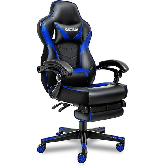 ELECWISH Gaming Chair with Footrest Video Game Chair High Back Ergonomic Comfortable Office Computer Desk with Lumbar Support Height Adjustable with PU Leather Recliner for Adults,Blue