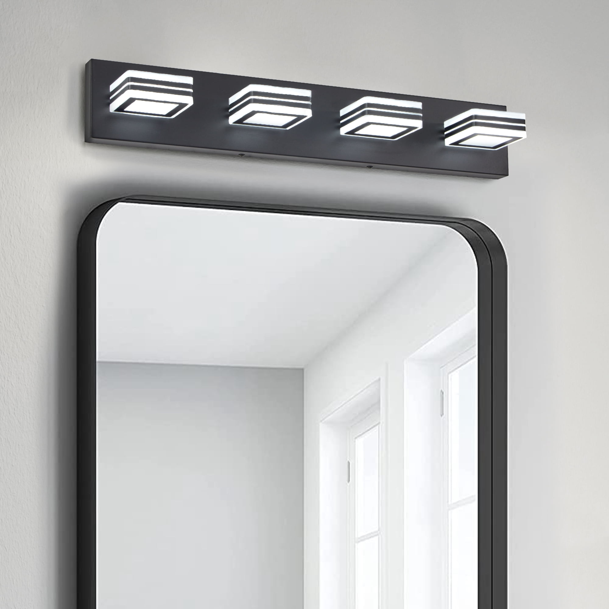 26" Modern Black 4-Light LED Vanity Light, Square Acrylic Lampshades Wall Mount Fixture for Bathroom, Mirror Lighting