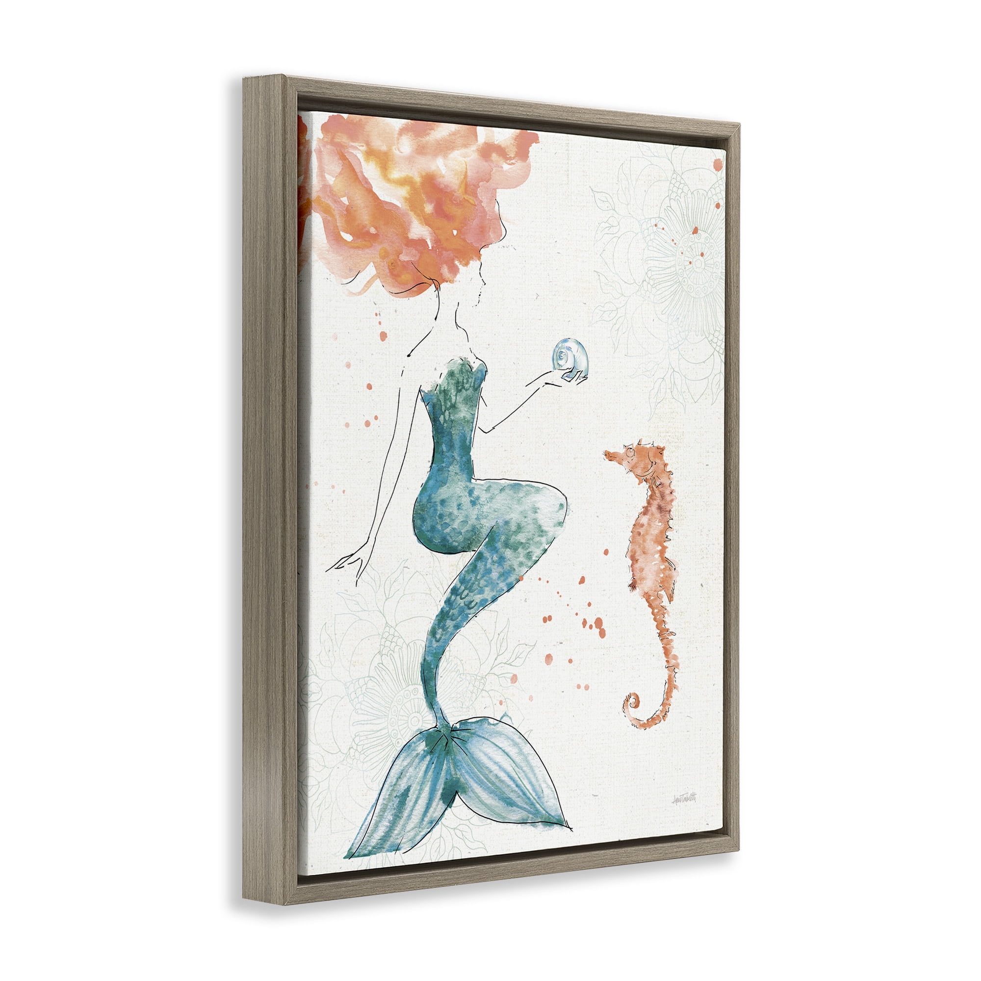 Stupell Industries Mermaid and Ocean Seahorse Nature Painting Brown Floater Framed Canvas Art Print Wall Art, 25 x 31