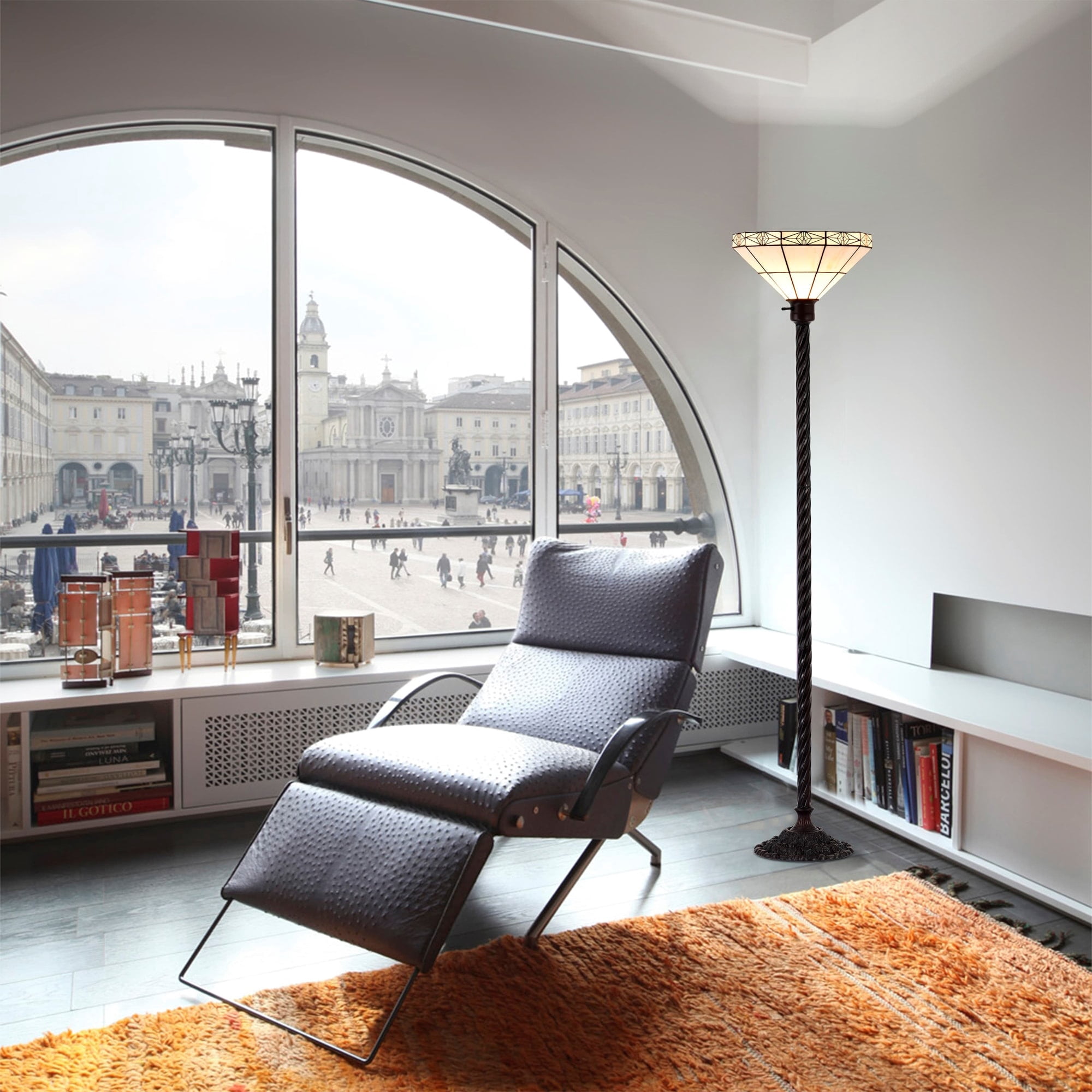 Tiffany-style Mission-style White Torchiere Floor Lamp with Durable White Zinc Construction