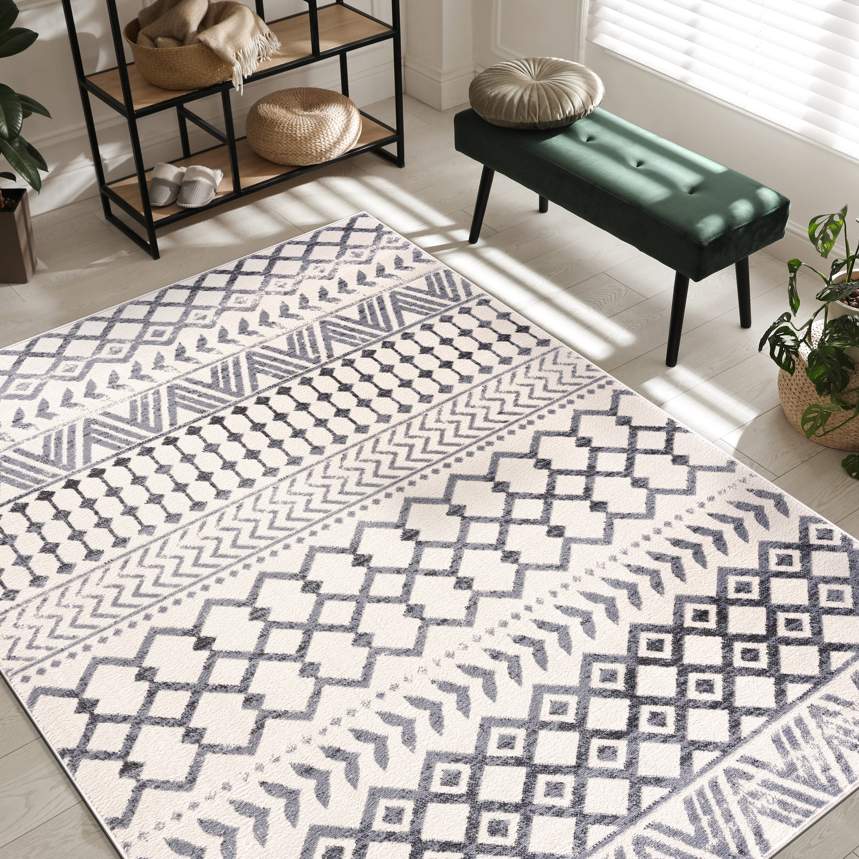 CAMILSON Crystal Grey Area Rug 5'x7' Oval Boho for Living Room Bedroom Dining Room Grey / Cream Indoor Area Rugs