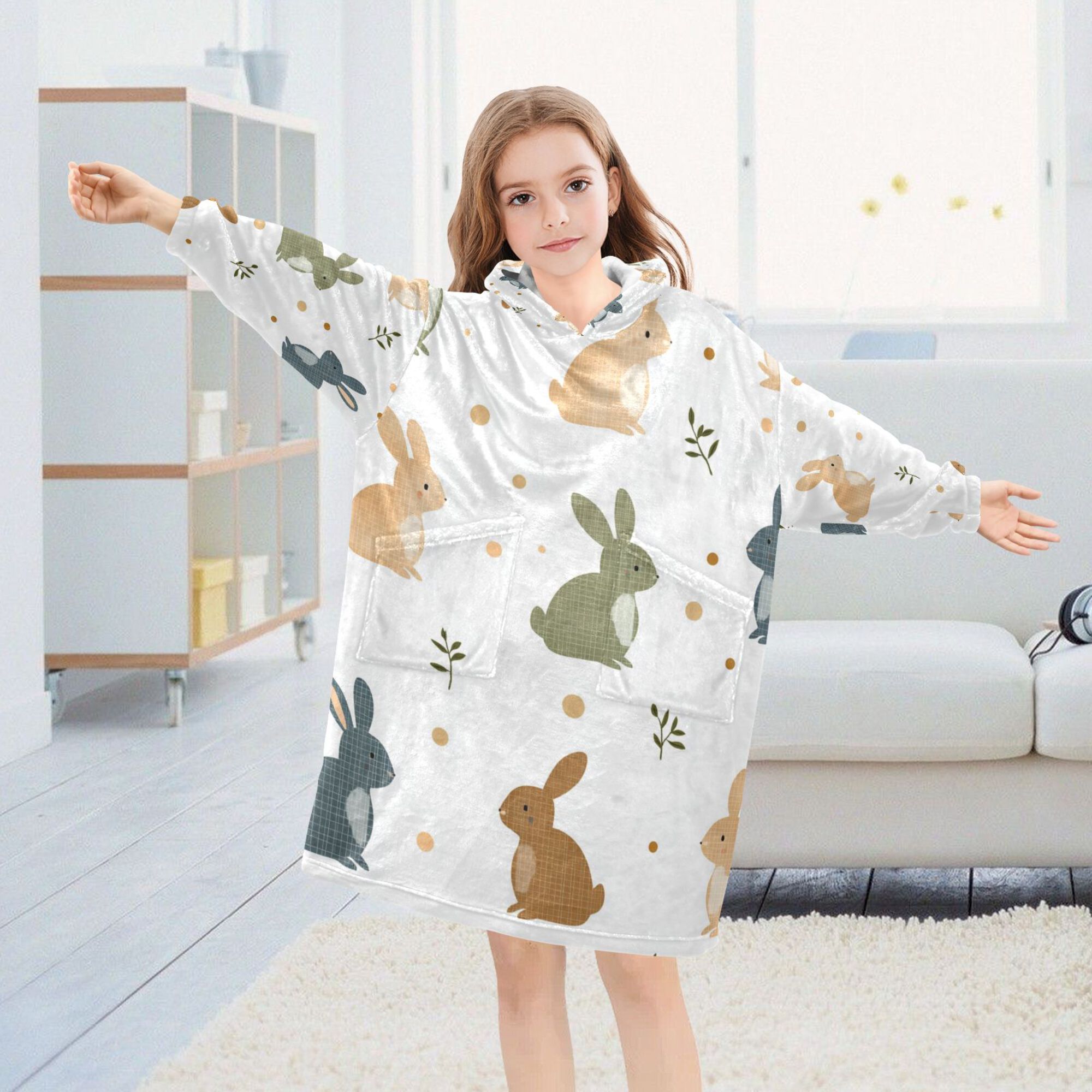 FORMRS Wearable Blanket Hoodie with Sleeves for Kids Cozy Flannel Sweatshirt, Cartoon Bunnies