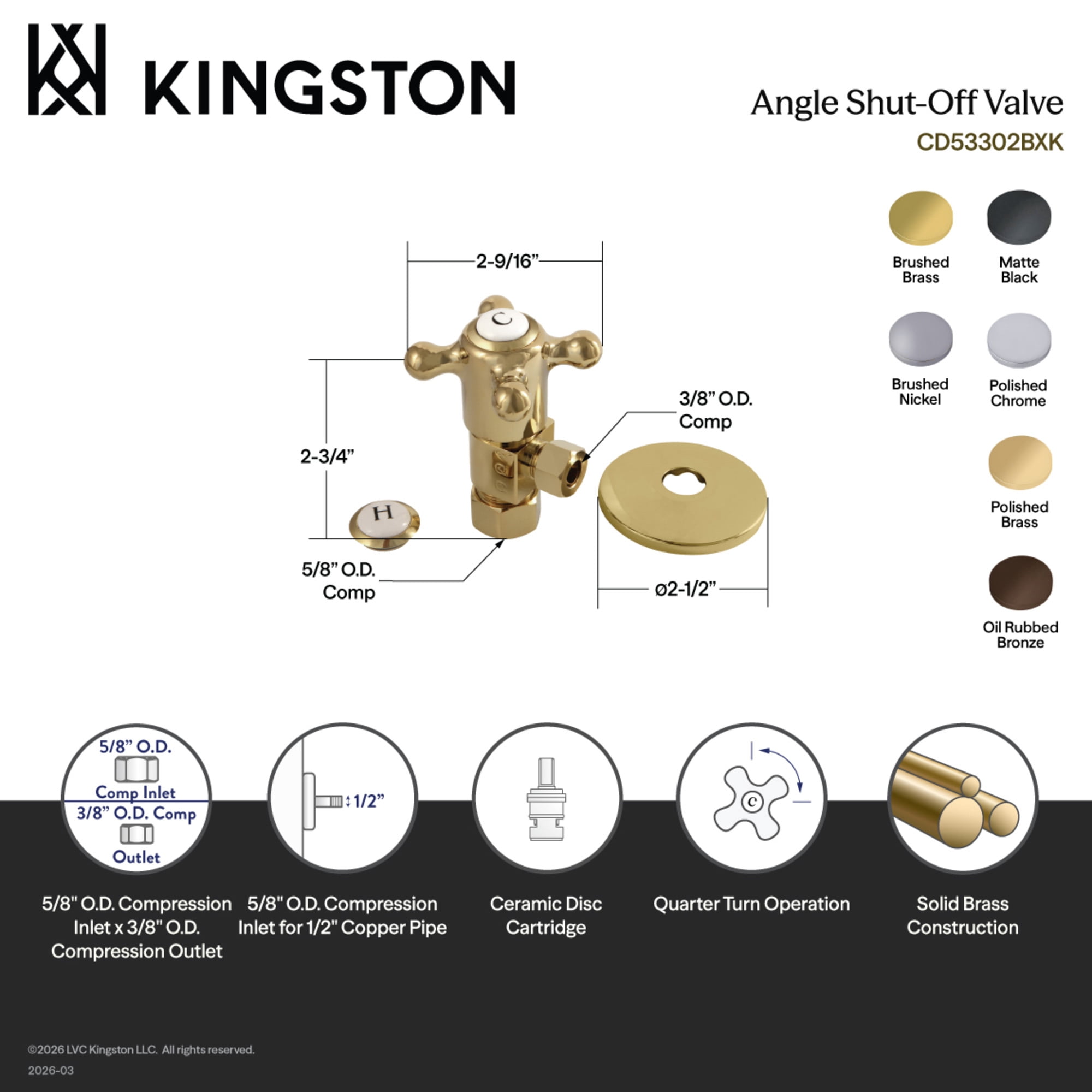 Kingston Brass CD53301BXK 5/8-Inch O.D. Comp x 3/8-Inch O.D. Comp Anti-Seize Deluxe Quarter-Turn Ceramic Hardisc Cartridge Angle Stop with Flange in Polished Chrome