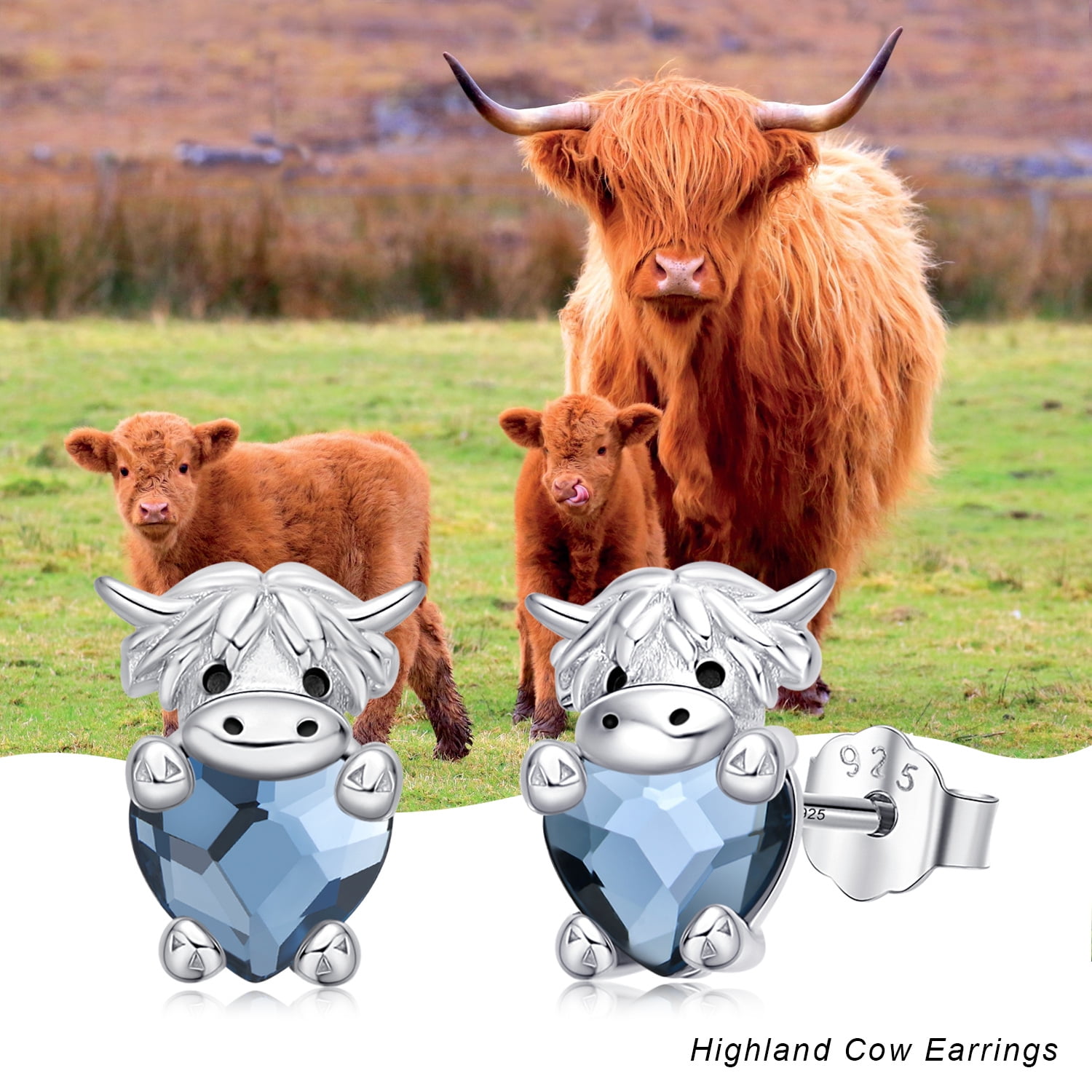 Midir&Etain Highland Cow Earrings Sterling Silver Crystal Cute Animal Studs Earrings for Sensitive Ears Birthday Gifts for Women
