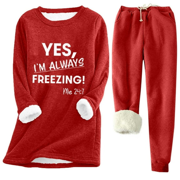 SEAOPEN Women's Winter Warm Sherpa Lined Fleece Sweatshirt Crewneck Sport Pullover Loungewear Tops and Lined Pants Sets Red,XXL