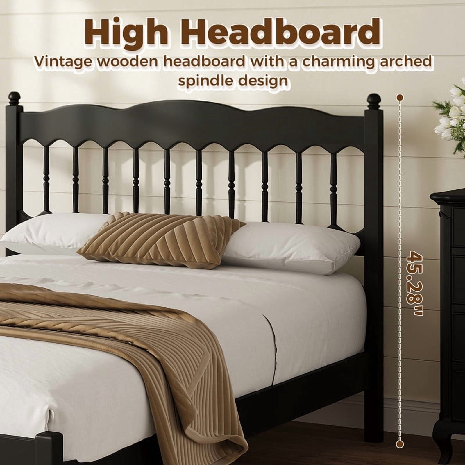 Full Size Retro Countryside Style Wooden Bed Frame with Spindle Headboard, Low Profile Platform Bed with No Box Spring Required