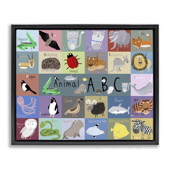 Stupell Industries Contemporary Various Animal Alphabet Learning Black Floating Frame Canvas Art, 31 x 25, by Carla Daly