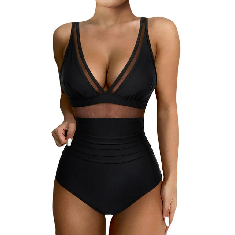SKSloeg Women Swimsuits, Women's Tummy Control Swimsuits Slimming Sexy Mesh  One Piece Bathing Suit High Waisted V Neck Swimwear Black S 