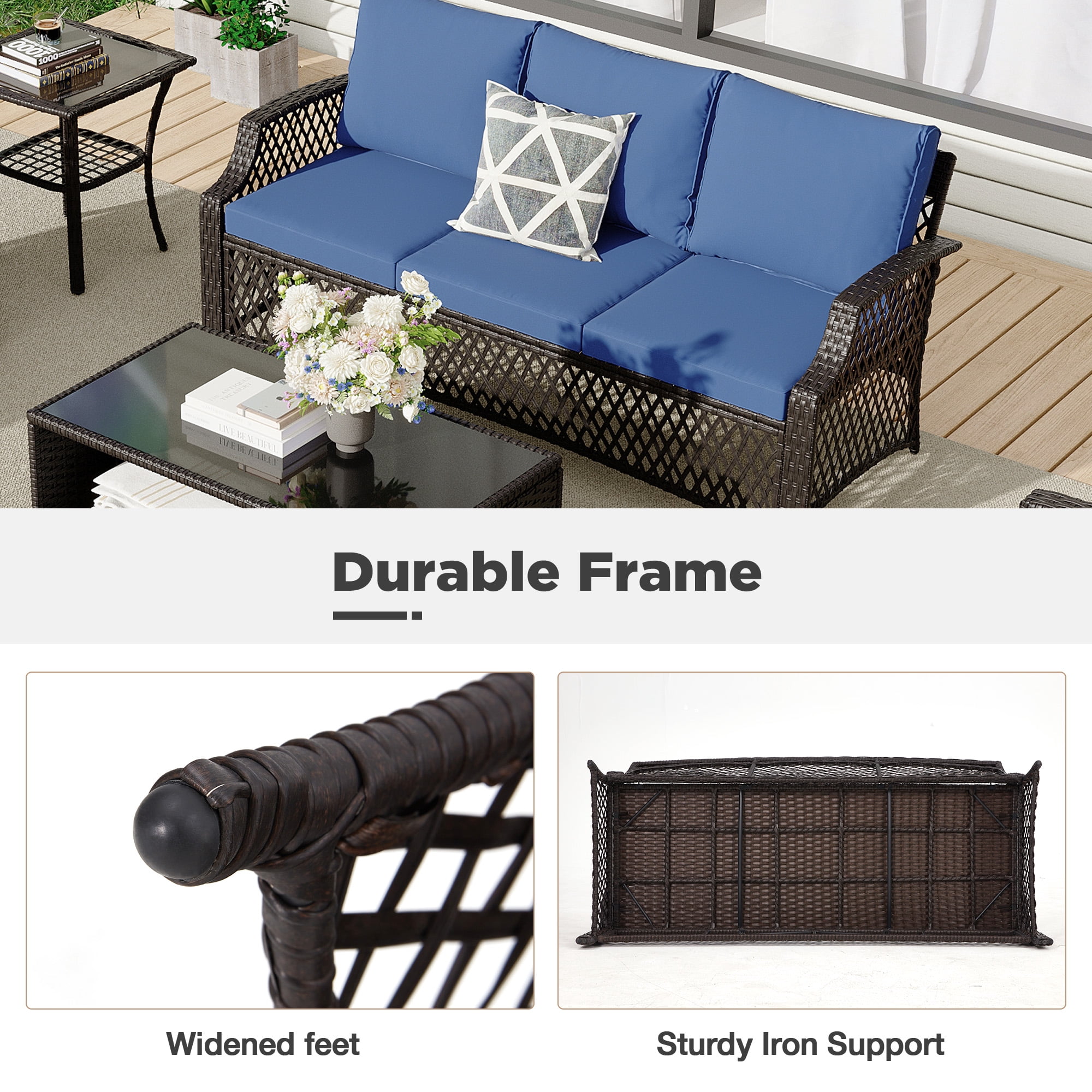Vicluke 6 Piece Patio Furniture Set, Wicker Outdoor Conversation Sofa Set with Swivel Chairs, Loveseat, Storage Coffee Table, Rattan Outdoor Sectional for Deck Backyard Porch（7 Seats, Navy Blue)