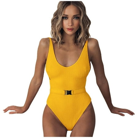 Clearance! Yajing Swimwear for Women Women Fashion Pure Color Push-Up Padded Bra Beach Bikini One Piece Swimwear L Yellow