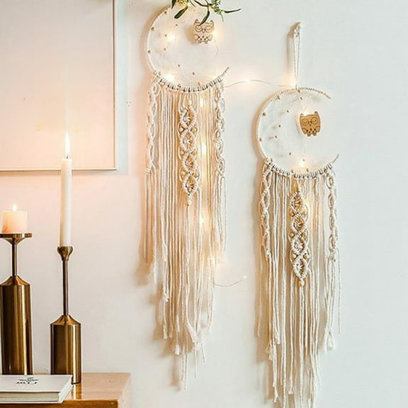 NWOKYZGH Boho Macrame Woven Wall Hanging, Crochet Crescent Moon Star Dreamcher with Long Tassel- Cotton Handmade Home Decor Decoration Art Craft for Bedroom Dorm Room with light string