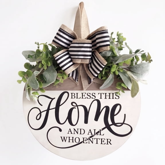 Rustic Front Door Welcome Sign - "Bless This Home" Wood Porch Decor, Round Wall Hanging Wreath for All Seasons & Housewarming Gift
