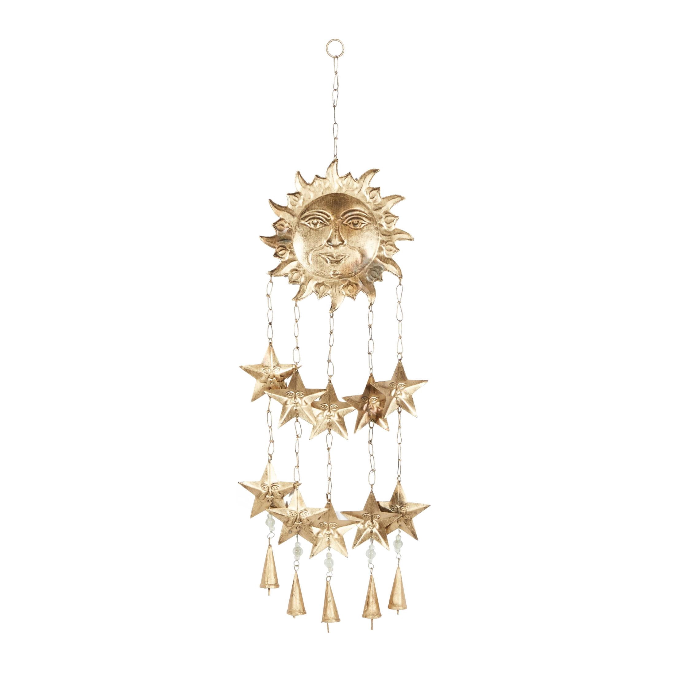 DecMode 35" Gold Metal Handmade Sun and Star Windchime with Glass Beads and Cone Bells