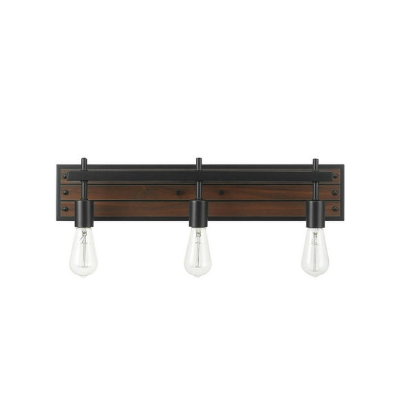 Mackay 3-Light Vanity Light, Faux Wood Finish, Matte Black Accents