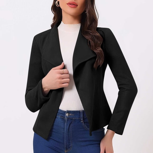 Mceream Faux Suede Blazer for Women Lapel Collar Front Open Long Sleeve Crop Jacket Casual Loose Fit Office Wear Jacket Plus Size Outwear Chamarras Para Mujer Para El Frio Black M