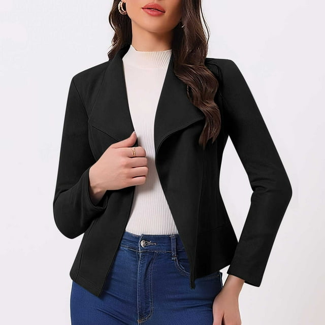 Veste en Faux Suède pour Femmes, Veste Courte Ouverte avec Poches, Veste de Cyclisme à Manches Longues
