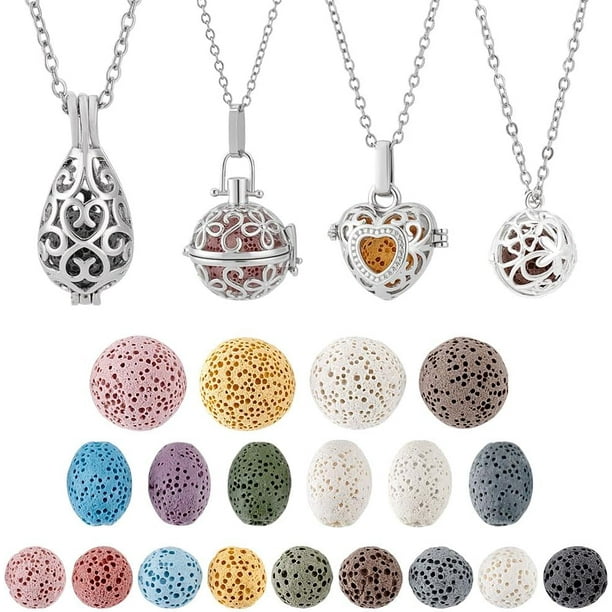 Collar difusor de aceites esenciales de 4 piezas con colgante de aromaterapia, cadena de acero inoxidable y 26 cuentas redondas de roca volcánica de recambio.
