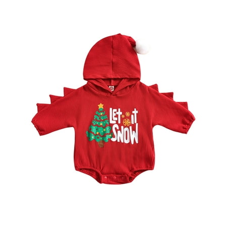 

Christmas Tree Print Romper Infant Baby Girl Boy Playsuit Ribbed Long Sleeve Loose Short Hooded Jumpsuit