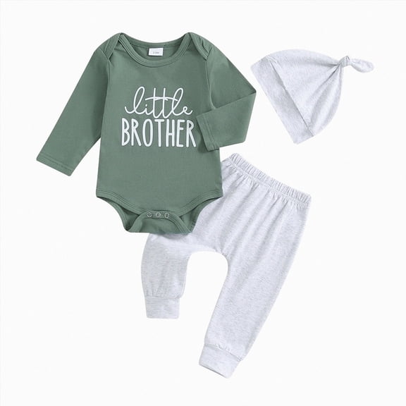 Wonitaaizi Little Brother Newborn Outfit Baby Boy T Shirt Romper Long Pants Set Hat Infant Little Summer Clothes(3-6 Months,Green)
