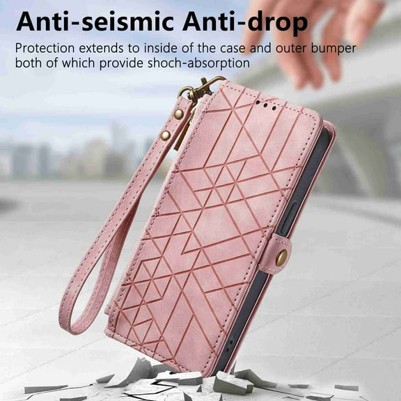 ELEHOLD for Apple iPhone 14 Pro Flip Wallet Case, Shockproof Premium Vintage PU Leather Magnetic Geometric Handbag Zipper Pocket Card Holder Slots Kickstand Wrist Strap Cover, pink
