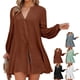 thumbnail image 4 of Tops de manga larga de Color puro para mujer, blusa informal holgada a la moda con cuello en V y cierre de botones para trabajo de oficina, café XXL, 4 of 6