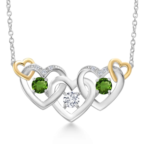 Gem Stone King 925 Silver and 10K Yellow Gold White Lab Grown Diamond and Green Tourmaline Heart Shape Pendant Necklace for Women (0.83 Cttw, with 18 inch Chain)
