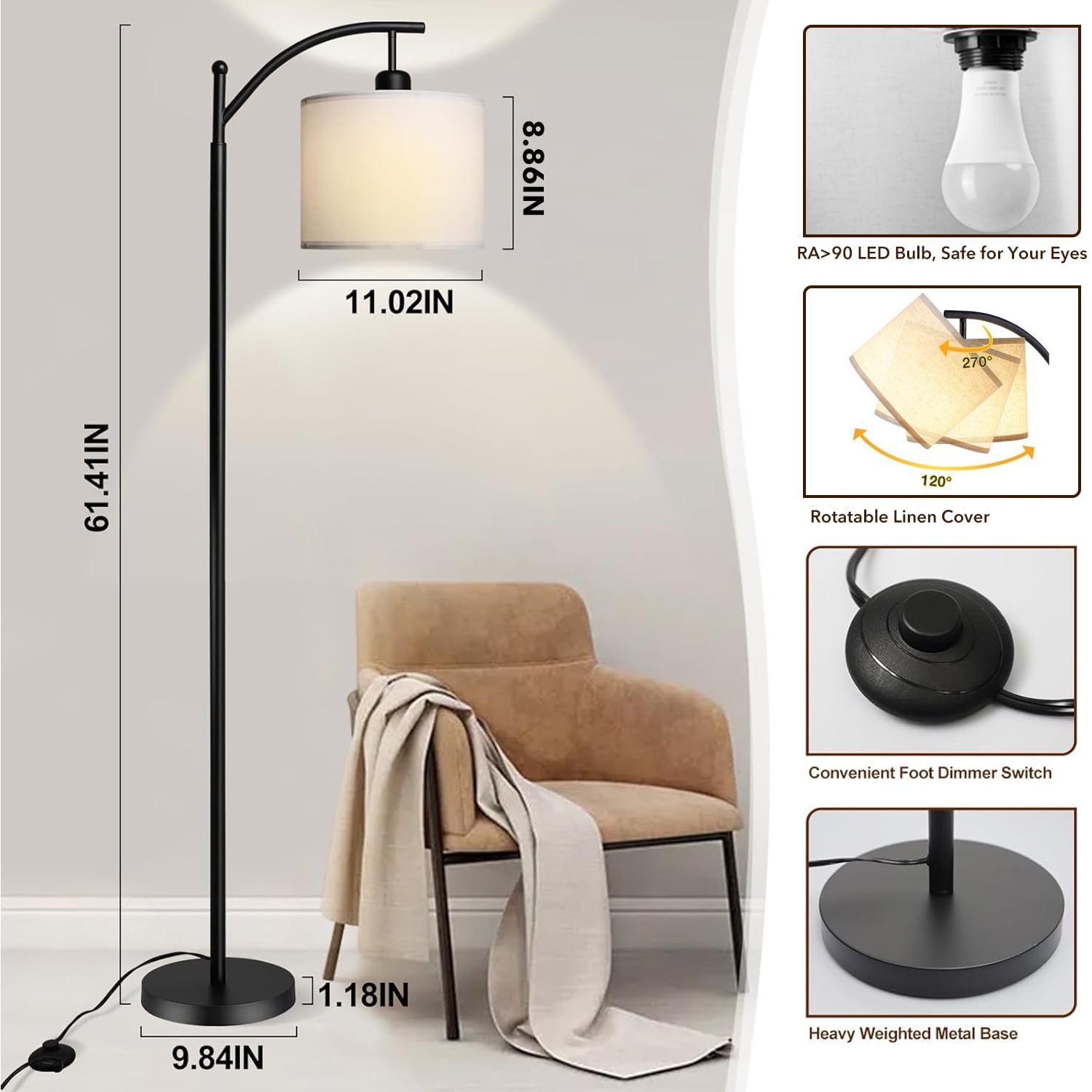 BN-LINK Dimmable Floor Lamp with 3 Color Temperatures, Standing Lamp with Linen Shade & LED Bulb Included, Tall Lamp for Living Room, Office, Dining Room(Black)