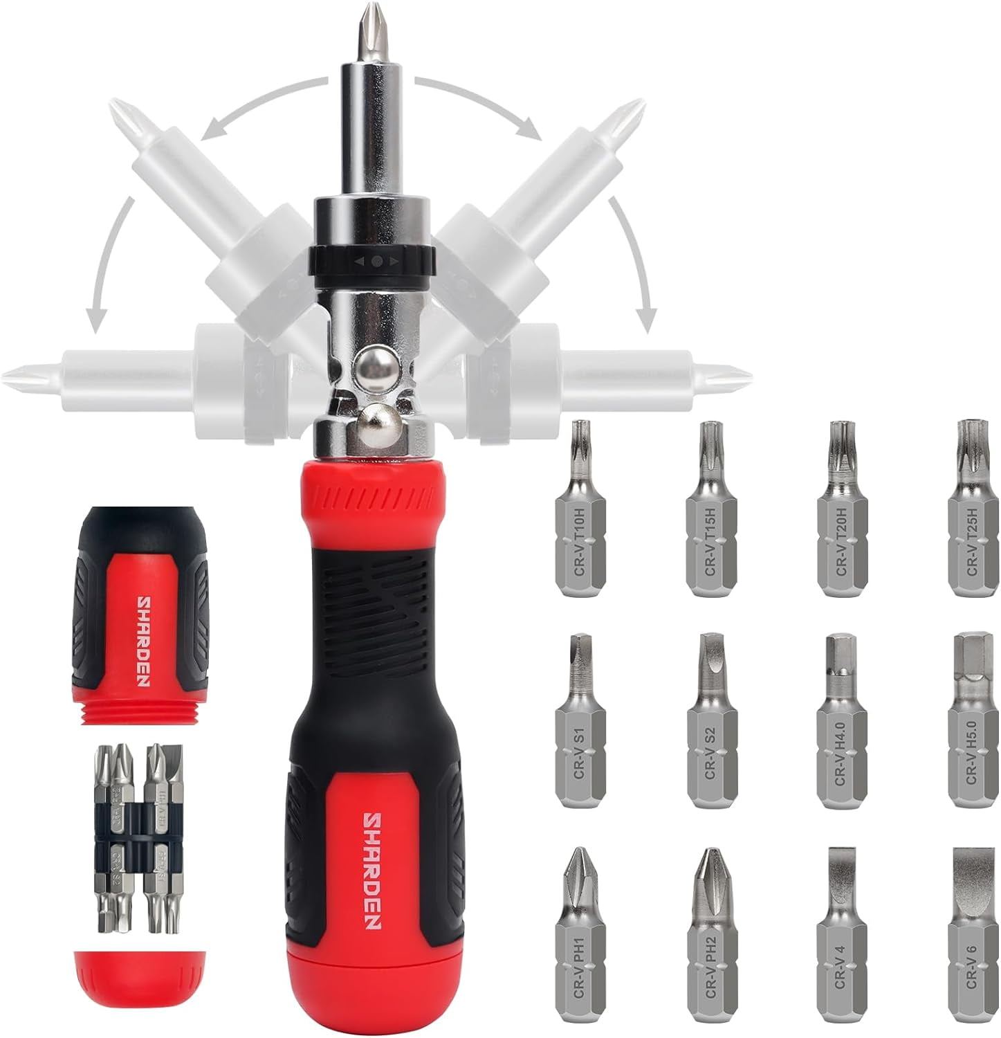 RGHJAR-SHARDEN Ratcheting Screwdriver 13-in-1 Multibit Screwdriver All in One Screwdriver Set with Phillips, Flat Head, Torx Security, Hex, Robertson, 180 Degree Pivoting Adjustable Angled Screw Driv